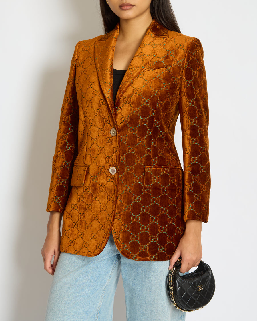 Gucci Rust GG Monogram Single Breasted Velvet Blazer Size IT 38 (UK 6)