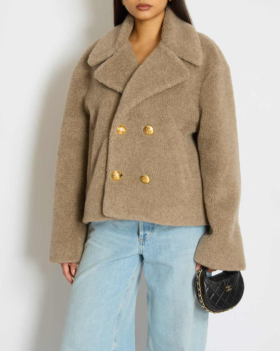 Céline Taupe Shearling Effect Cropped Coat with Button Detail Size FR 38 (UK 10)