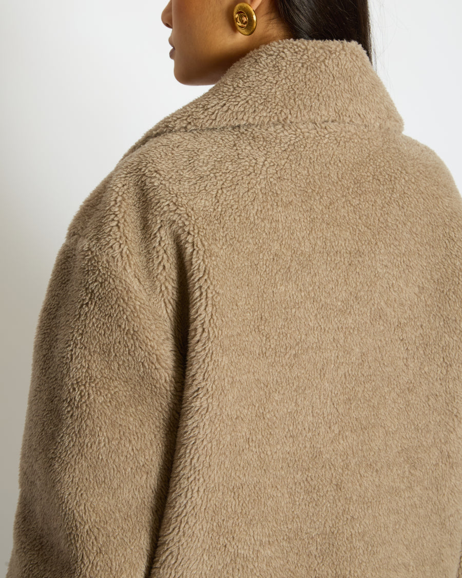 Céline Taupe Shearling Effect Cropped Coat with Button Detail Size FR 38 (UK 10)