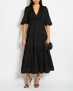 Zimmermann Black Mid-Sleeve V Neck Pleated Maxi Dress Size 0 (UK 8)