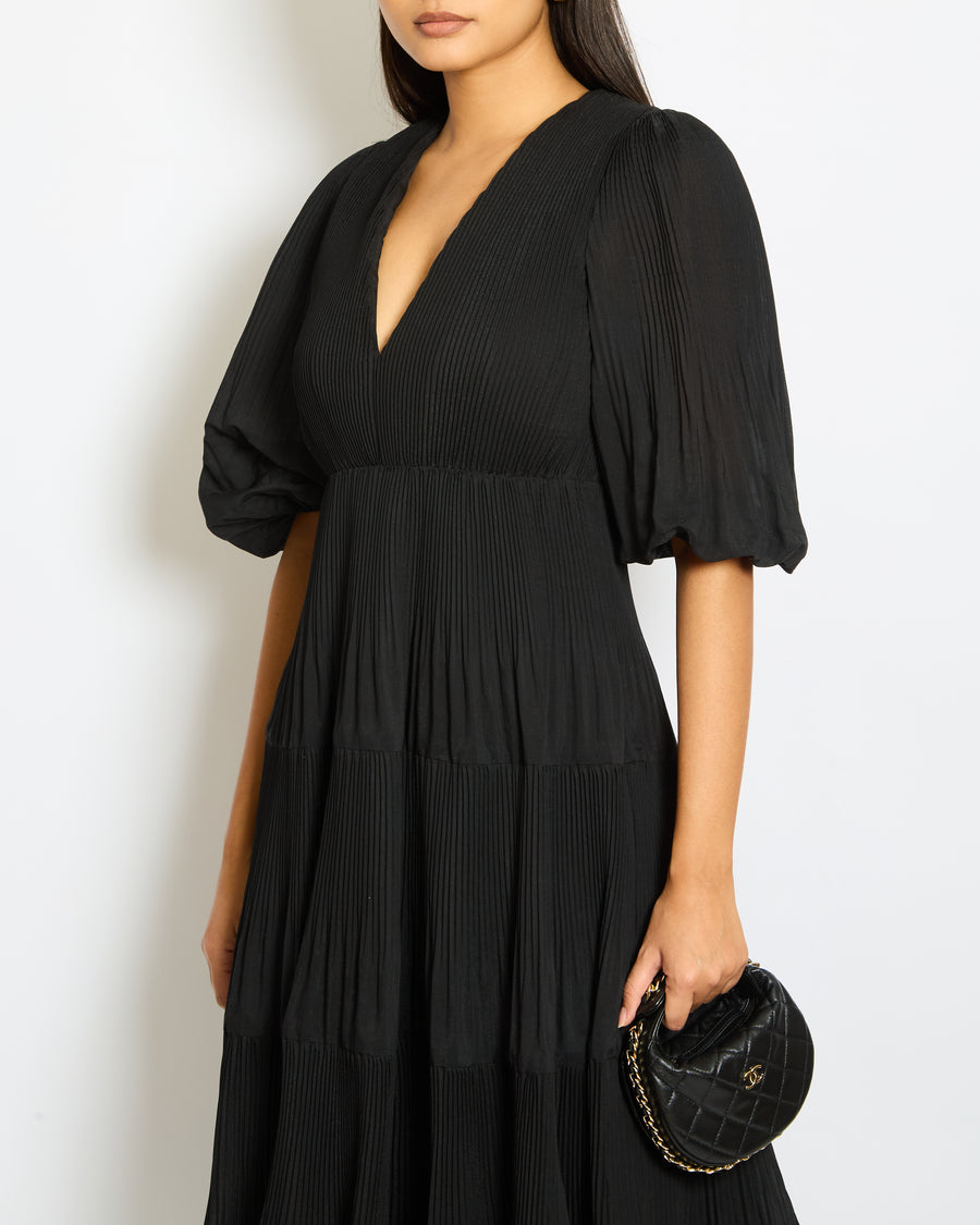 Zimmermann Black Mid-Sleeve V Neck Pleated Maxi Dress Size 0 (UK 8)