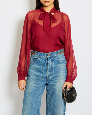 Emilio Pucci Bordeaux Long Sleeve V-Neck Blouse with Tie Detail Size IT 38 (UK 6)