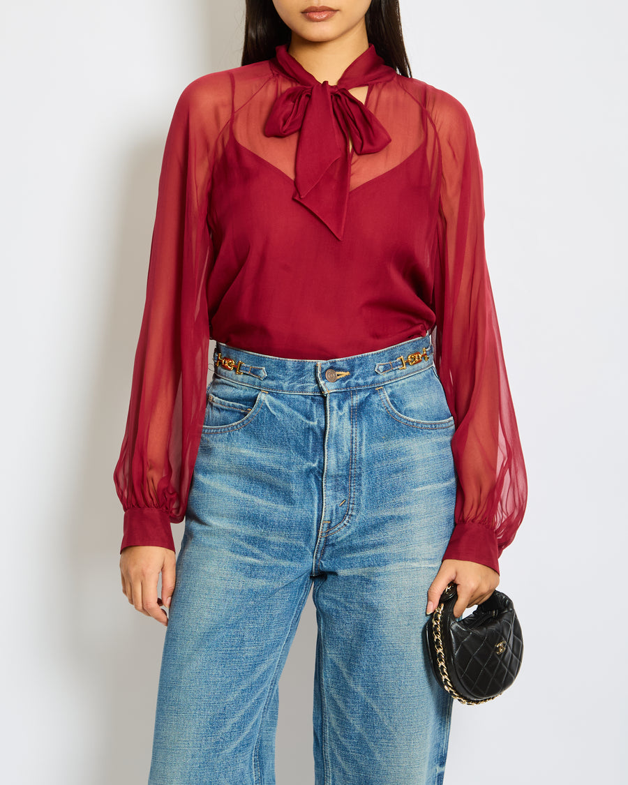 Emilio Pucci Bordeaux Long Sleeve V-Neck Blouse with Tie Detail Size IT 38 (UK 6)