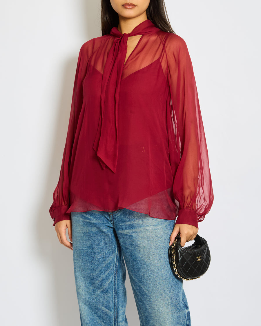 Emilio Pucci Bordeaux Long Sleeve V-Neck Blouse with Tie Detail Size IT 38 (UK 6)