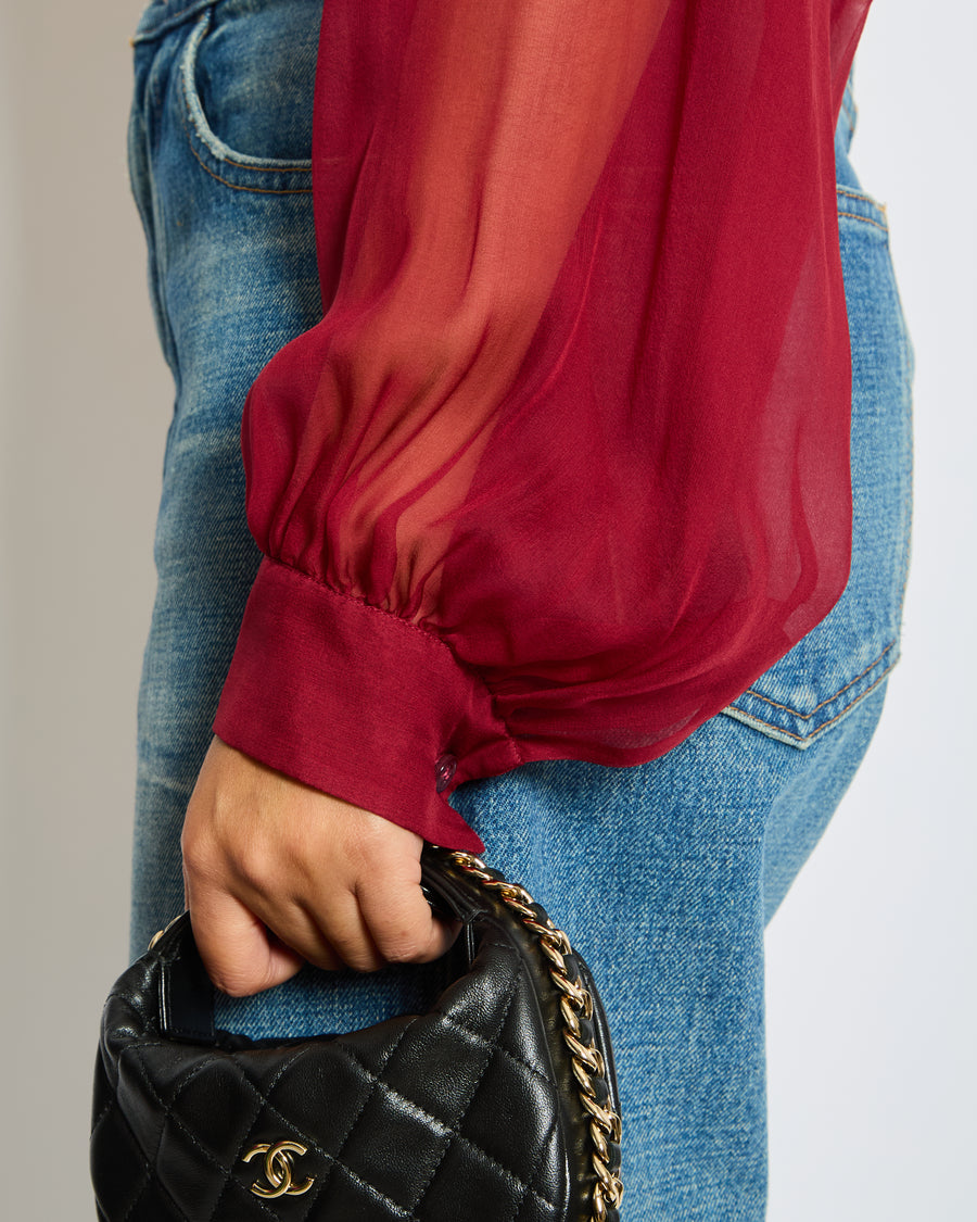 Emilio Pucci Bordeaux Long Sleeve V-Neck Blouse with Tie Detail Size IT 38 (UK 6)