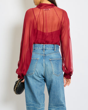 Emilio Pucci Bordeaux Long Sleeve V-Neck Blouse with Tie Detail Size IT 38 (UK 6)