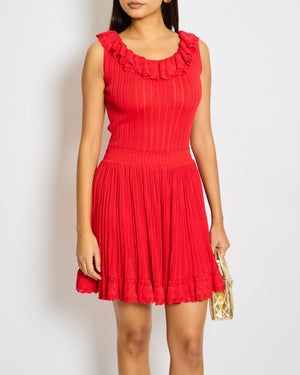 Alaia Red Rib Knit Sleeveless Ruffle Dress Size FR 42 (UK 10)