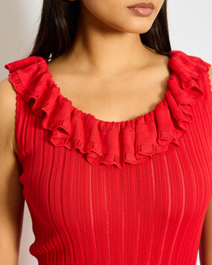 Alaia Red Rib Knit Sleeveless Ruffle Dress Size FR 42 (UK 10)