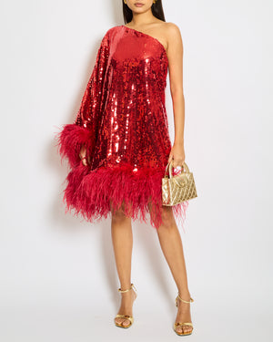 Taller Marmo Red Sequin One-Shoulder Midi Dress with Ostrich Fur Detail Size IT 44 (UK 12)