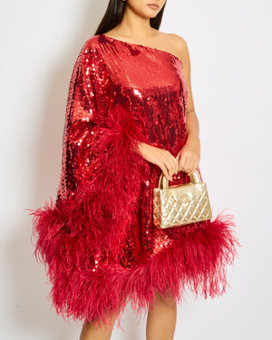 Taller Marmo Red Sequin One-Shoulder Midi Dress with Ostrich Fur Detail Size IT 44 (UK 12)
