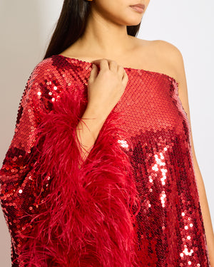 Taller Marmo Red Sequin One-Shoulder Midi Dress with Ostrich Fur Detail Size IT 44 (UK 12)