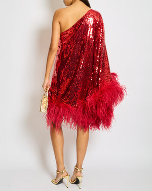 Taller Marmo Red Sequin One-Shoulder Midi Dress with Ostrich Fur Detail Size IT 44 (UK 12)