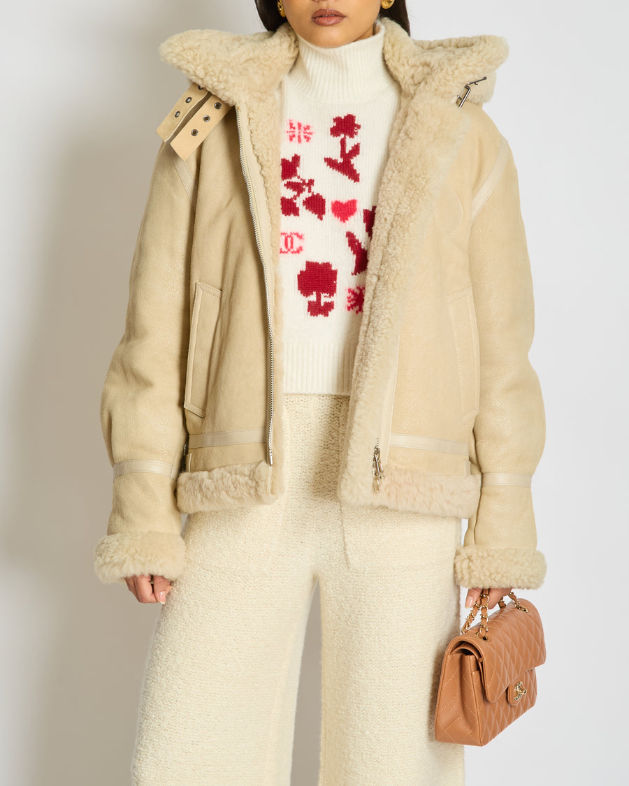 Chloé Beige Shearling Flight Logo Jacket with Detachable Hood Size FR 38 (UK 10)