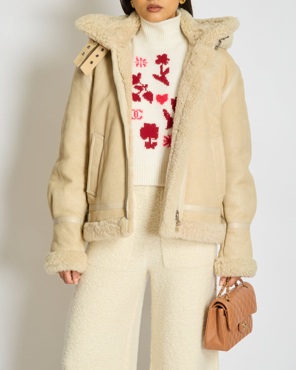 Chloé Beige Shearling Flight Logo Jacket with Detachable Hood Size FR 38 (UK 10)