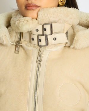 Chloé Beige Shearling Flight Logo Jacket with Detachable Hood Size FR 38 (UK 10)
