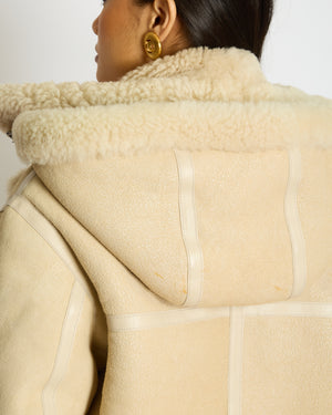 Chloé Beige Shearling Flight Logo Jacket with Detachable Hood Size FR 38 (UK 10)