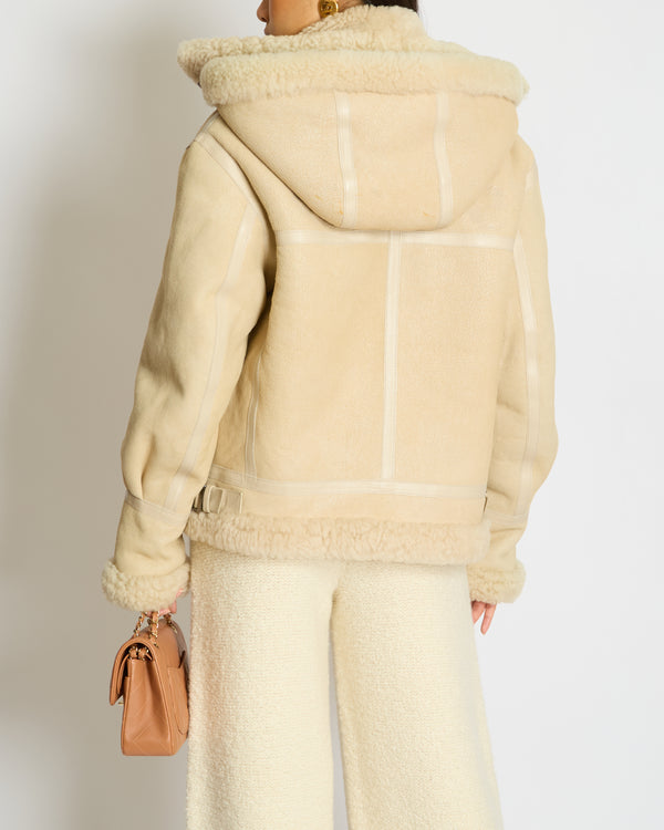 Chloé Beige Shearling Flight Logo Jacket with Detachable Hood Size FR 38 (UK 10)