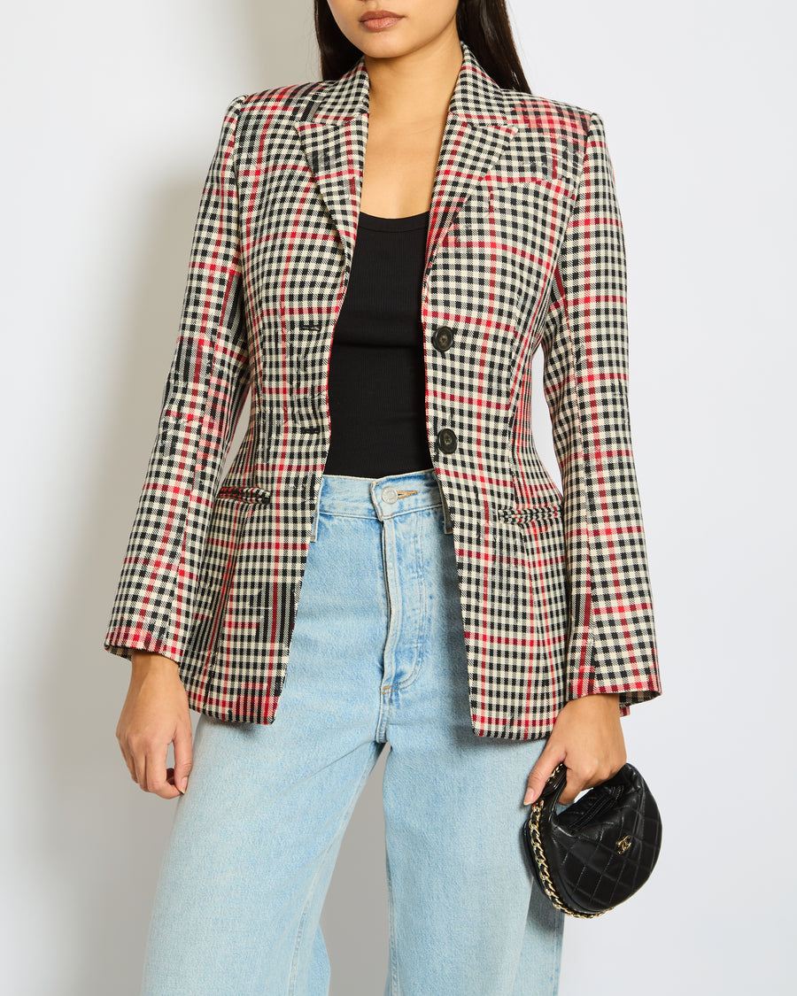 Erdem Black, Cream and Red Check Tailored Long-Sleeve Blazer Floral Print Size UK 6
