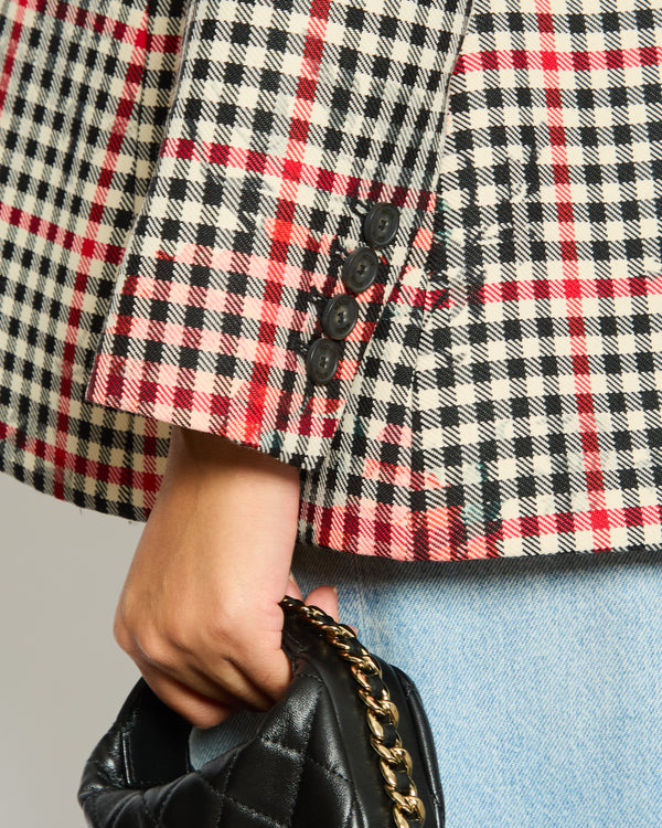 Erdem Black, Cream and Red Check Tailored Long-Sleeve Blazer Floral Print Size UK 6