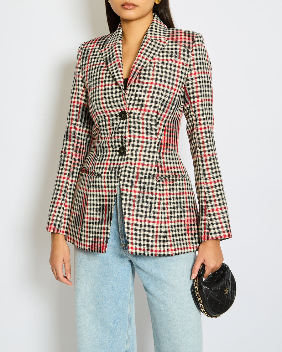 Erdem Black, Cream and Red Check Tailored Long-Sleeve Blazer Floral Print Size UK 6