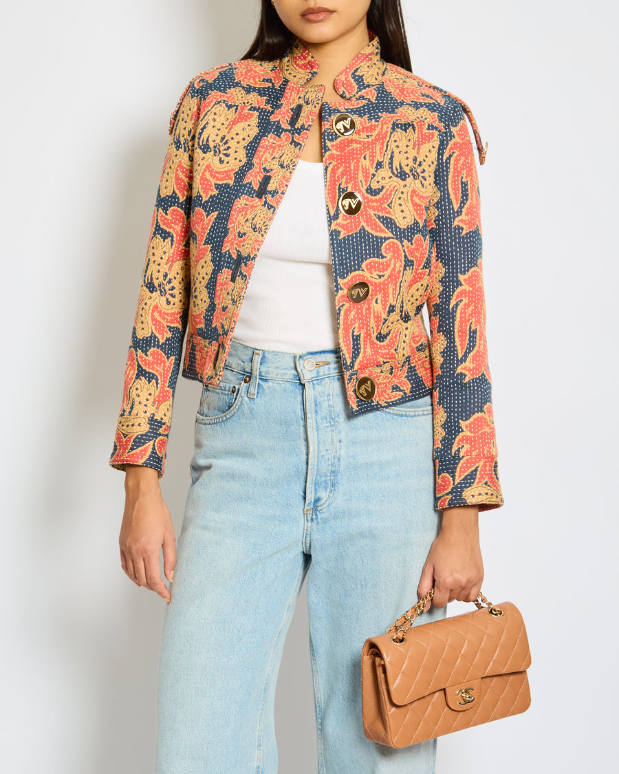 Valentino Navy, Coral Tan Caban In Apres L'Hiver Quilted Floral Jacquard Jacket Size IT 36 (UK 4) RRP £3250