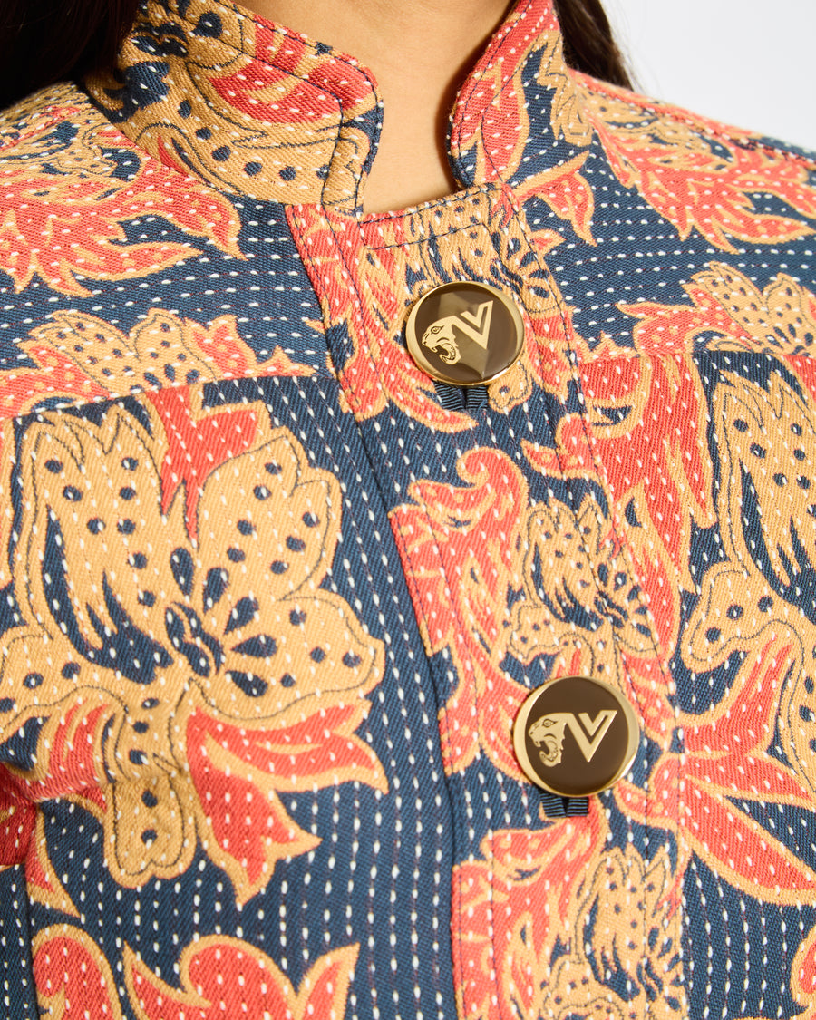 Valentino Navy, Coral Tan Caban In Apres L'Hiver Quilted Floral Jacquard Jacket Size IT 36 (UK 4) RRP £3250