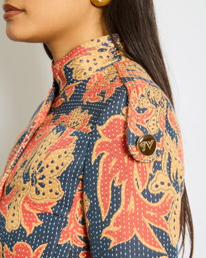 Valentino Navy, Coral Tan Caban In Apres L'Hiver Quilted Floral Jacquard Jacket Size IT 36 (UK 4) RRP £3250