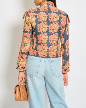 Valentino Navy, Coral Tan Caban In Apres L'Hiver Quilted Floral Jacquard Jacket Size IT 36 (UK 4) RRP £3250