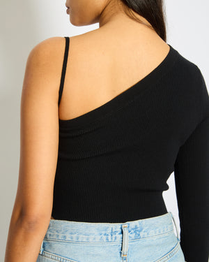 Celine Black Ribbed Asymmetric One-Shoulder Top XS UK 6