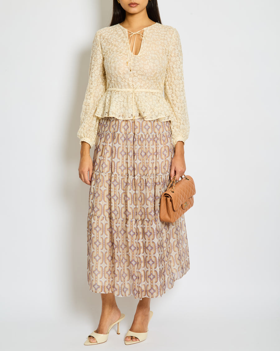 Celine Taupe Brown Gold Silk Geometric Print Midi Skirt Size FR 34 (UK 6)