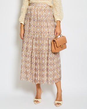 Celine Taupe Brown Gold Silk Geometric Print Midi Skirt Size FR 34 (UK 6)