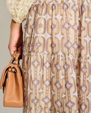 Celine Taupe Brown Gold Silk Geometric Print Midi Skirt Size FR 34 (UK 6)