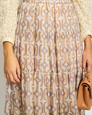 Celine Taupe Brown Gold Silk Geometric Print Midi Skirt Size FR 34 (UK 6)