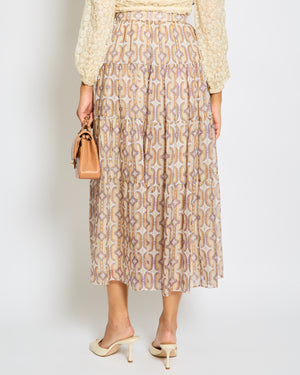 Celine Taupe Brown Gold Silk Geometric Print Midi Skirt Size FR 34 (UK 6)