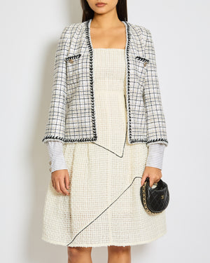 Chanel White, Black, Gold Check Tweed Jacket with Silver Black Trim Detail CC Button Size FR 36 (UK 8)