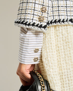 Chanel White, Black, Gold Check Tweed Jacket with Silver Black Trim Detail CC Button Size FR 36 (UK 8)