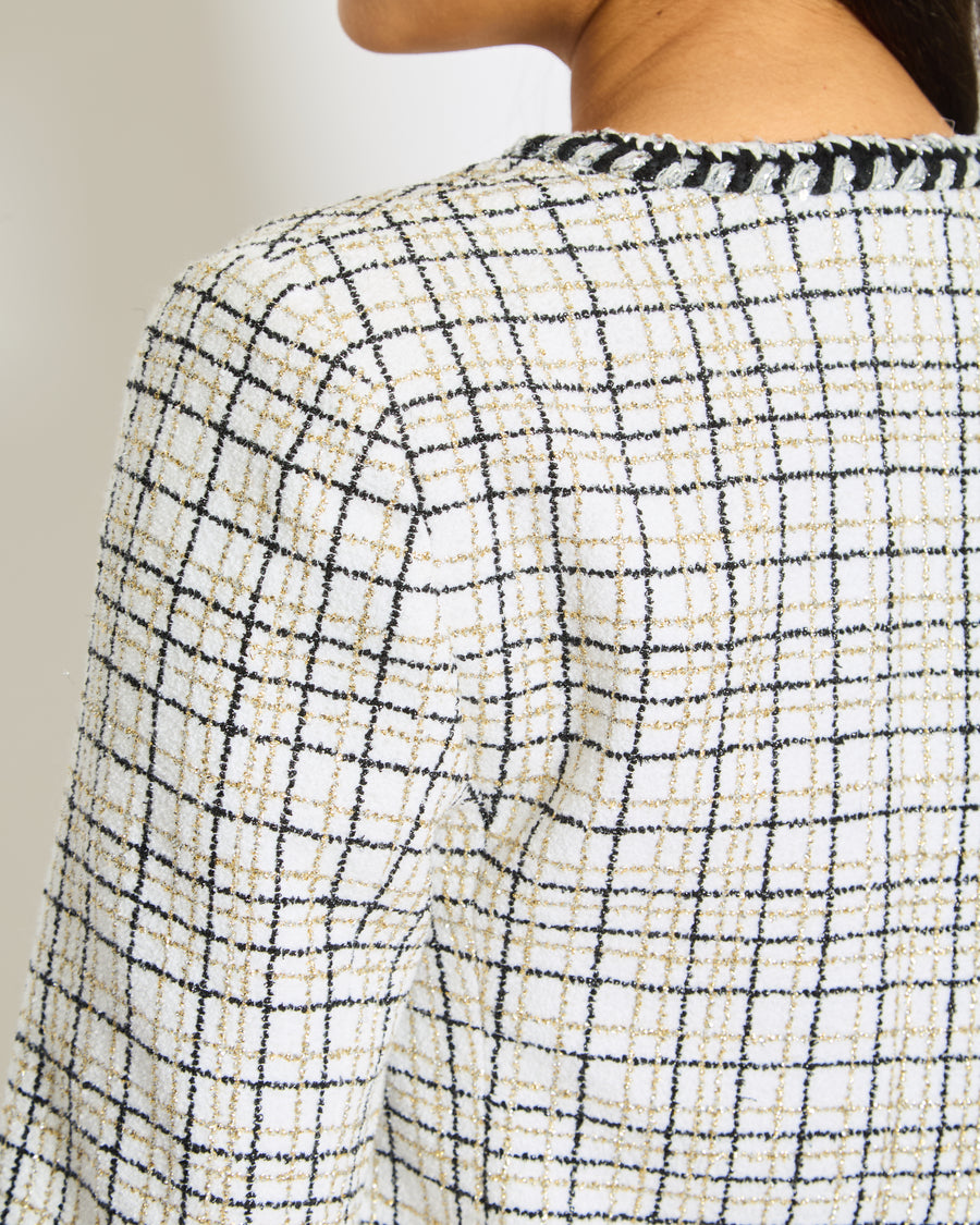 Chanel White, Black, Gold Check Tweed Jacket with Silver Black Trim Detail CC Button Size FR 36 (UK 8)