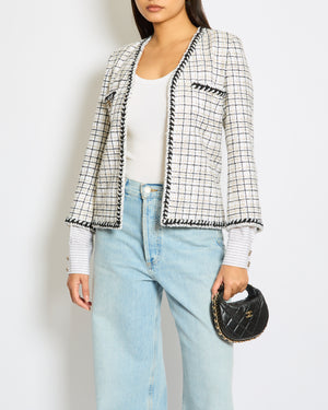 Chanel White, Black, Gold Check Tweed Jacket with Silver Black Trim Detail CC Button Size FR 36 (UK 8)
