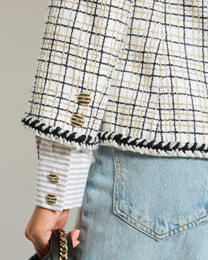 Chanel White, Black, Gold Check Tweed Jacket with Silver Black Trim Detail CC Button Size FR 36 (UK 8)