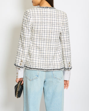 Chanel White, Black, Gold Check Tweed Jacket with Silver Black Trim Detail CC Button Size FR 36 (UK 8)
