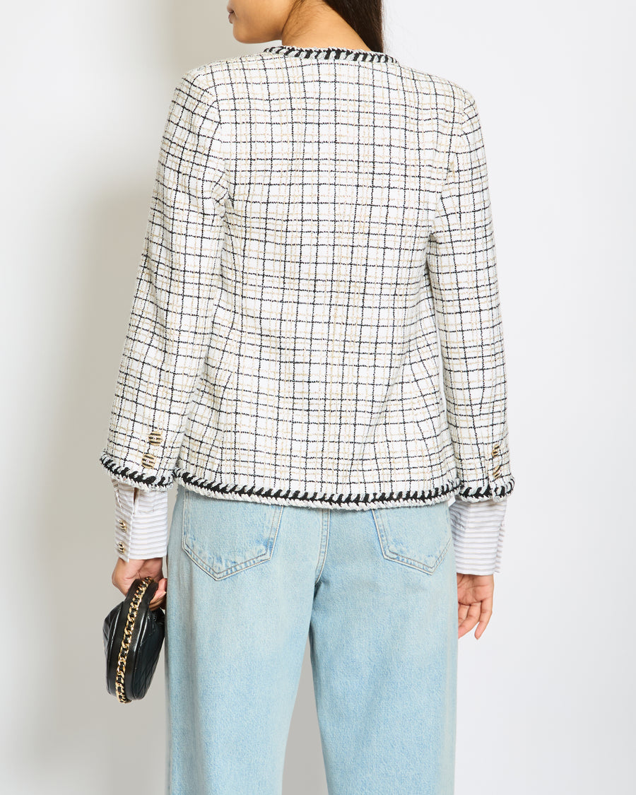 Chanel White, Black, Gold Check Tweed Jacket with Silver Black Trim Detail CC Button Size FR 36 (UK 8)