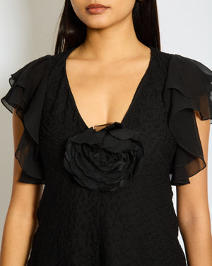 Saint Laurent Black Floral Embroidered Mini Dress with Silk Ruffled Sleeve Detail and Flower FR 34 (UK 6)