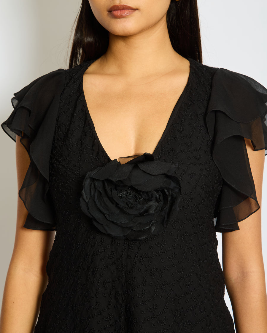 Saint Laurent Black Floral Embroidered Mini Dress with Silk Ruffled Sleeve Detail and Flower FR 34 (UK 6)