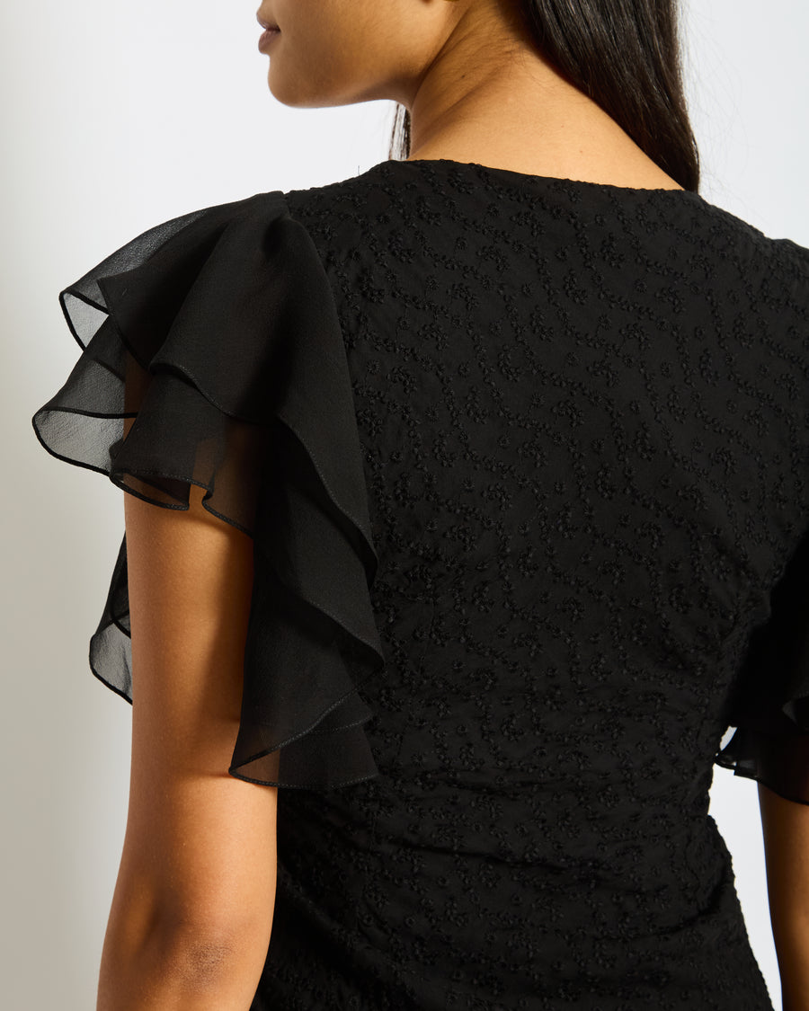 Saint Laurent Black Floral Embroidered Mini Dress with Silk Ruffled Sleeve Detail and Flower FR 34 (UK 6)