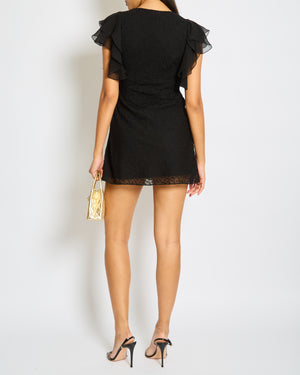Saint Laurent Black Floral Embroidered Mini Dress with Silk Ruffled Sleeve Detail and Flower FR 34 (UK 6)