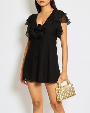 Saint Laurent Black Floral Embroidered Mini Dress with Silk Ruffled Sleeve Detail and Flower FR 34 (UK 6)
