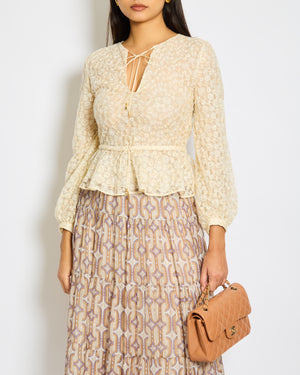 Celine Cream Lace & Embroidery Anglaise Boho Top with Flower and Logo Details Size FR 34 (UK 6)