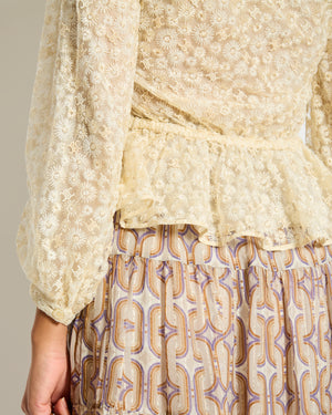 Celine Cream Lace & Embroidery Anglaise Boho Top with Flower and Logo Details Size FR 34 (UK 6)