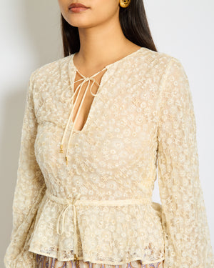 Celine Cream Lace & Embroidery Anglaise Boho Top with Flower and Logo Details Size FR 34 (UK 6)