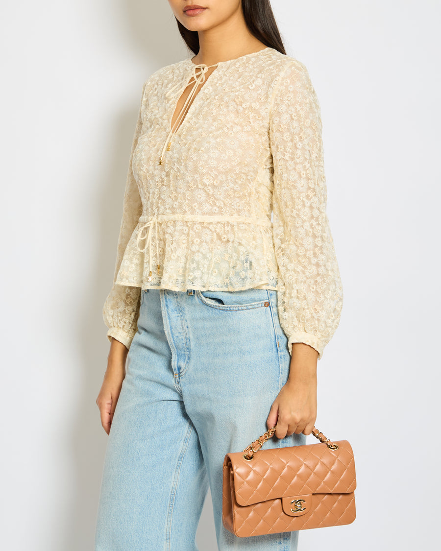 Celine Cream Lace & Embroidery Anglaise Boho Top with Flower and Logo Details Size FR 34 (UK 6)
